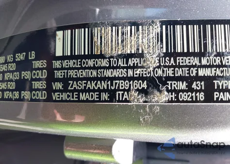 2018 Alfa Romeo Stelvio Awd z USA, uszkodzony, nr VIN ZASFAKAN1J7B91604